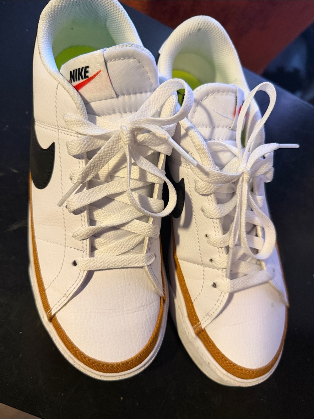 Nike White Leather Low-Top Sneakers with Black Swoosh and Tan Accent WORN ONCE!